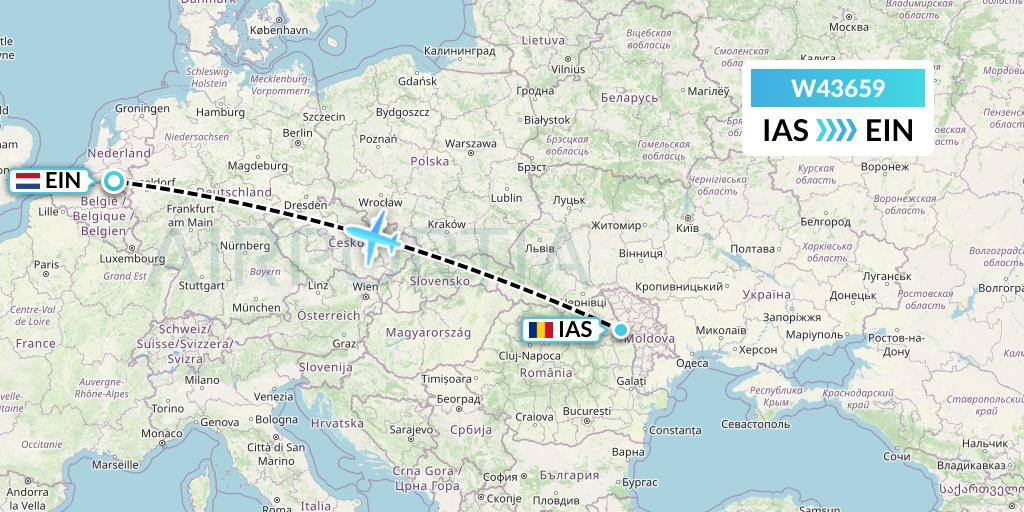 W43659 Wizz Air Malta Flight Map: Iasi to Eindhoven