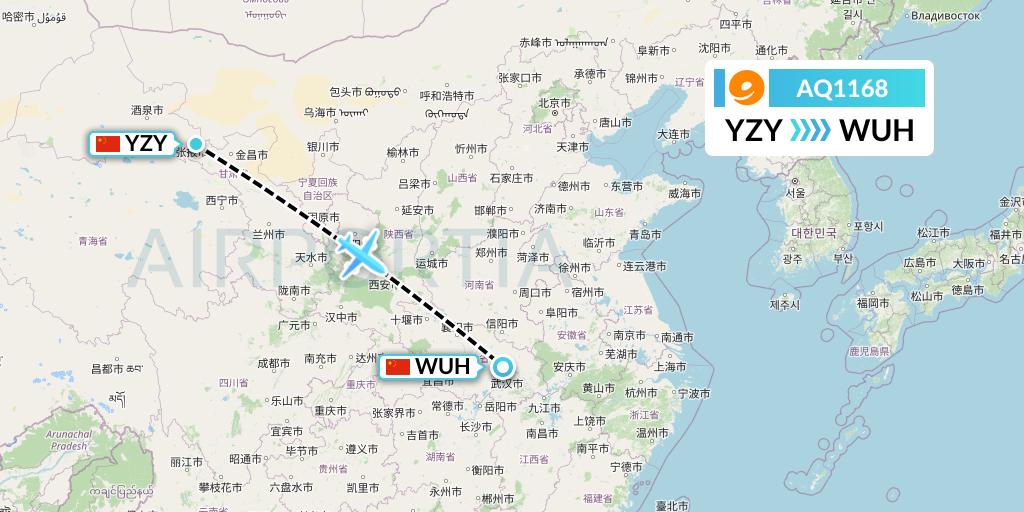 AQ1168 9 Air Flight Map: Zhangye to Wuhan