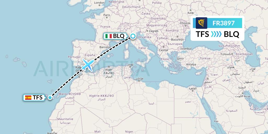 FR3897 Ryanair Flight Map: Tenerife to Bologna