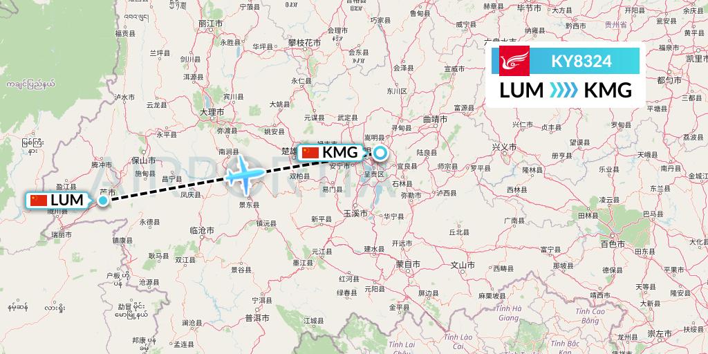 KY8324 Kunming Airlines Flight Map: Mangshi to Kunming