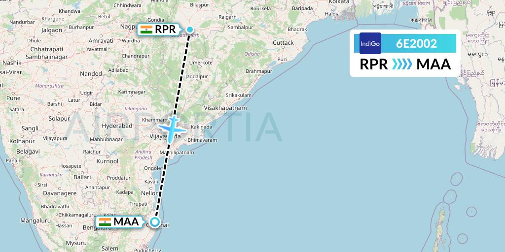 6E2002 IndiGo Airlines Flight Map: Raipur to Chennai