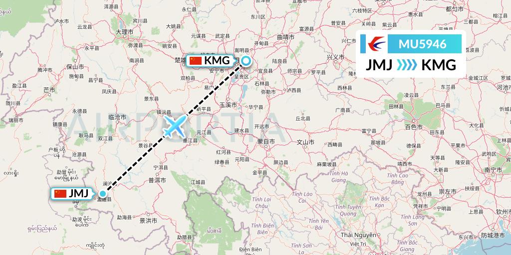 MU5946 China Eastern Airlines Flight Map: Pu'er to Kunming