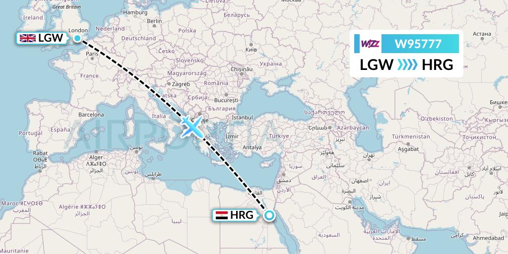 W95777 Wizz Air UK Flight Map: London to Hurghada