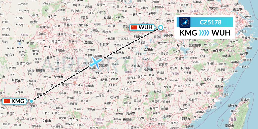 CZ5178 China Southern Airlines Flight Map: Kunming to Wuhan