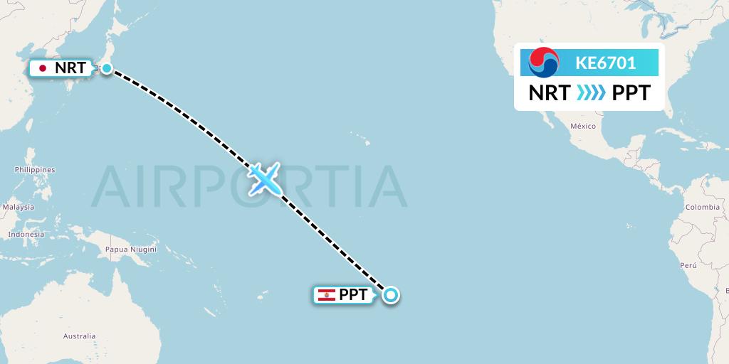 KE6701 Korean Air Flight Map: Tokyo to Papeete