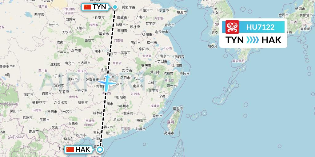 HU7122 Hainan Airlines Flight Map: Taiyuan to Haikou