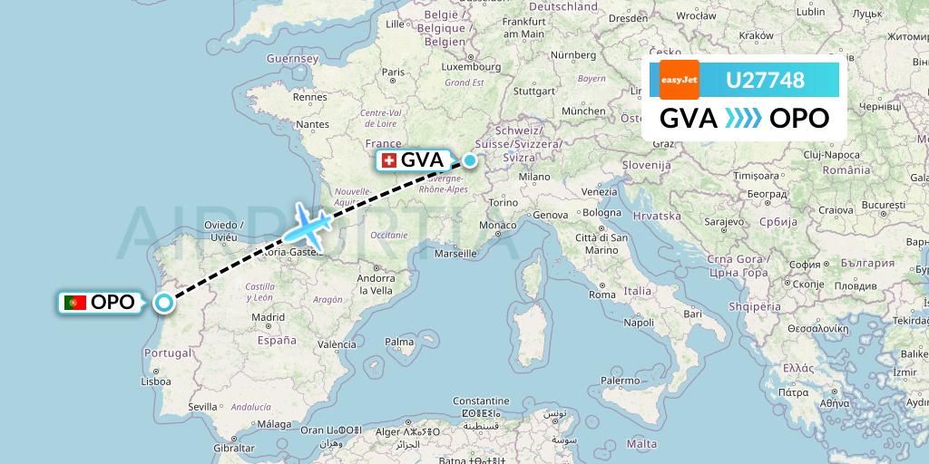 U27748 EasyJet Flight Map: Geneva to Porto