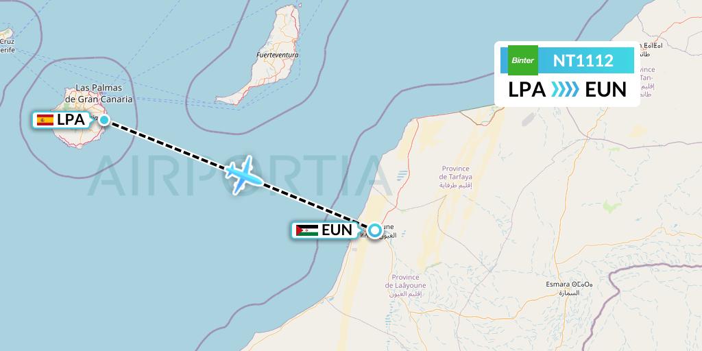 NT1112 Binter Canarias Flight Map: Las Palmas to El Aaiun