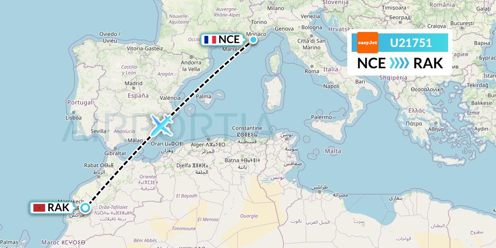 U21751 EasyJet Flight Map: Nice to Marrakesh 