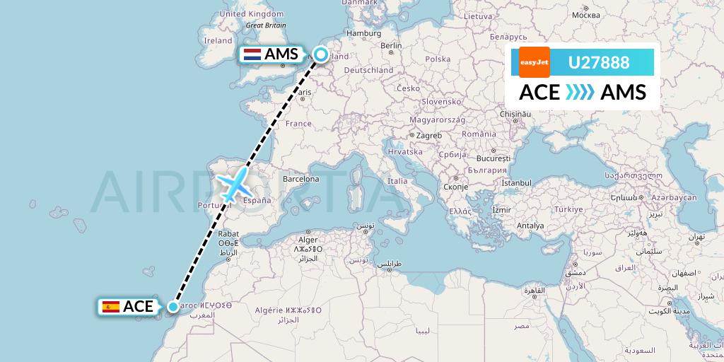U27888 EasyJet Flight Map: Lanzarote to Amsterdam