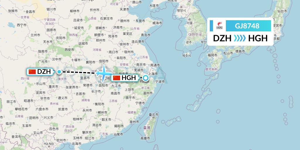 GJ8748 Loong Airlines Flight Map: Dazhou to Hangzhou