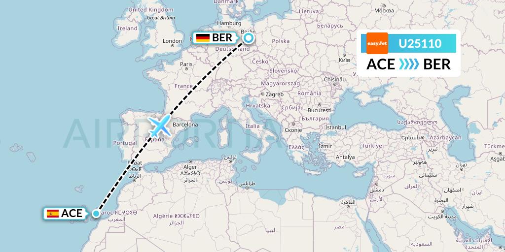 U25110 EasyJet Flight Map: Lanzarote to Berlin