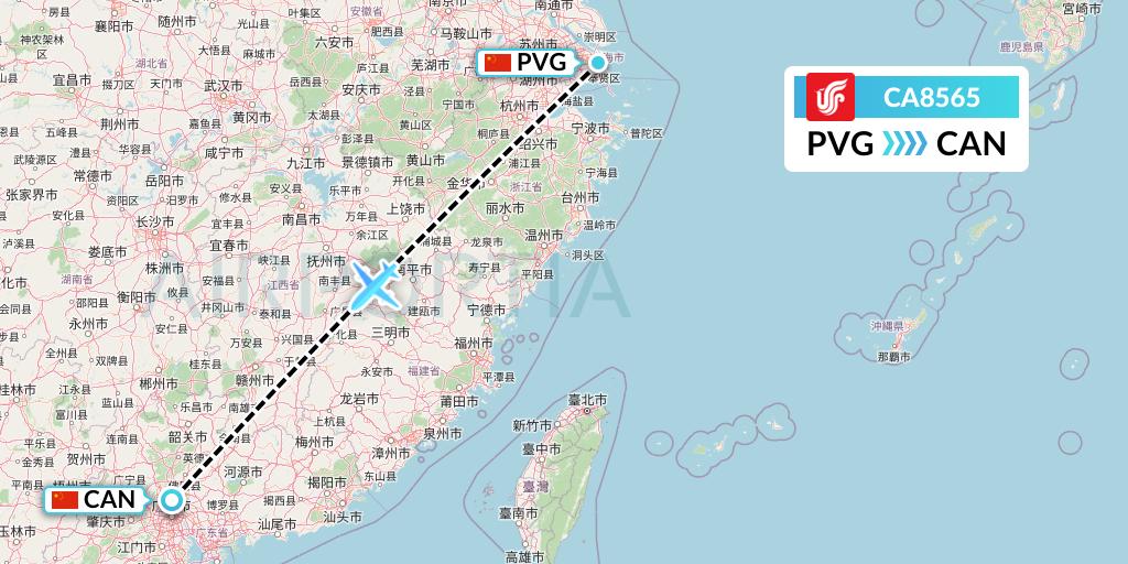 CA8565 Air China Flight Map: Shanghai to Guangzhou