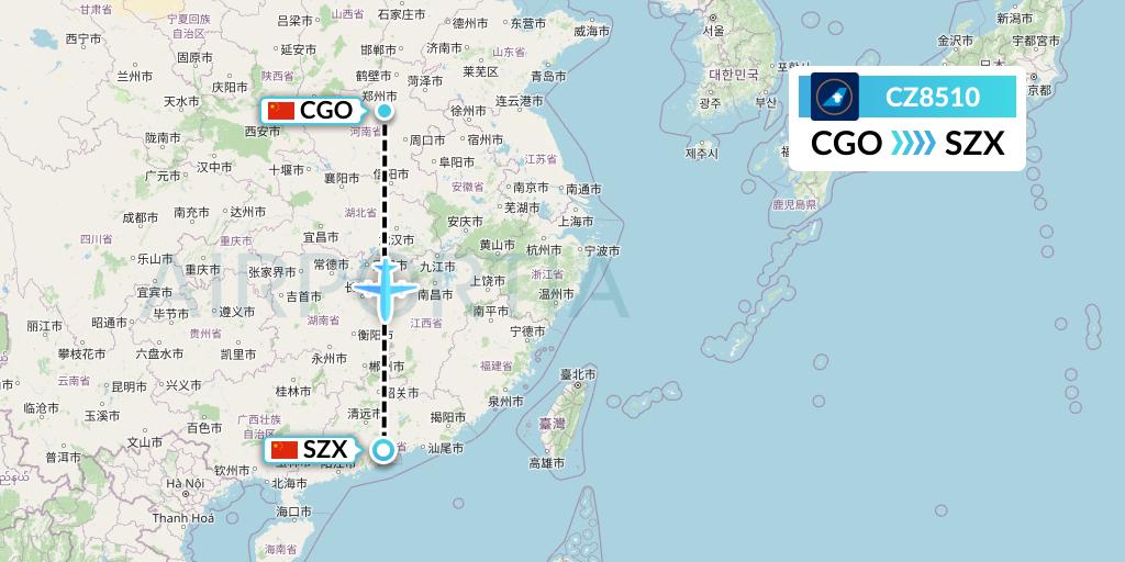 CZ8510 China Southern Airlines Flight Map: Zhengzhou to Shenzhen