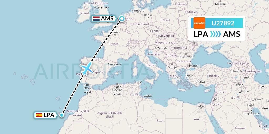 U27892 EasyJet Flight Map: Las Palmas to Amsterdam