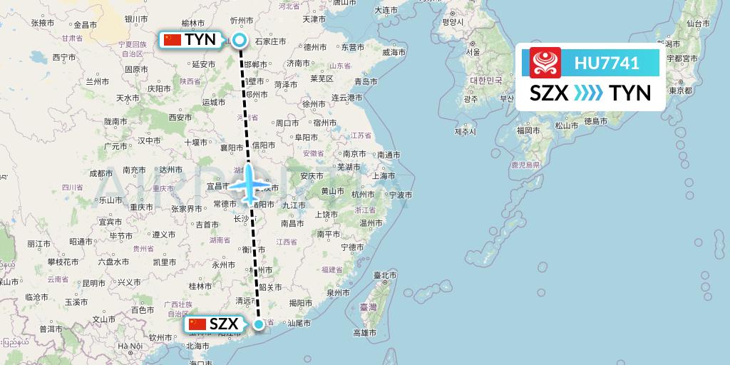 HU7741 Hainan Airlines Flight Map: Shenzhen to Taiyuan