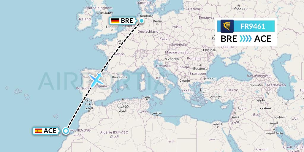 FR9461 Ryanair Flight Map: Bremen to Lanzarote