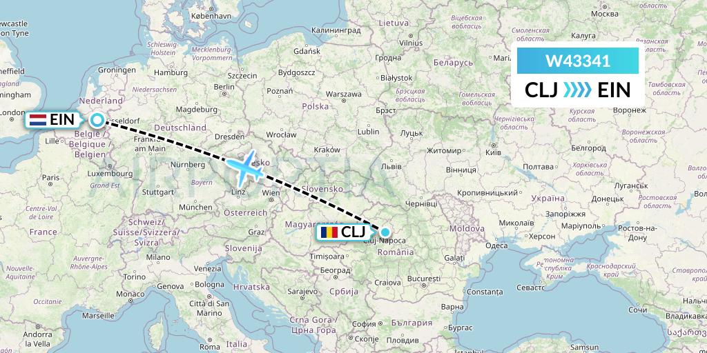 W43341 Wizz Air Malta Flight Map: Cluj-Napoca to Eindhoven