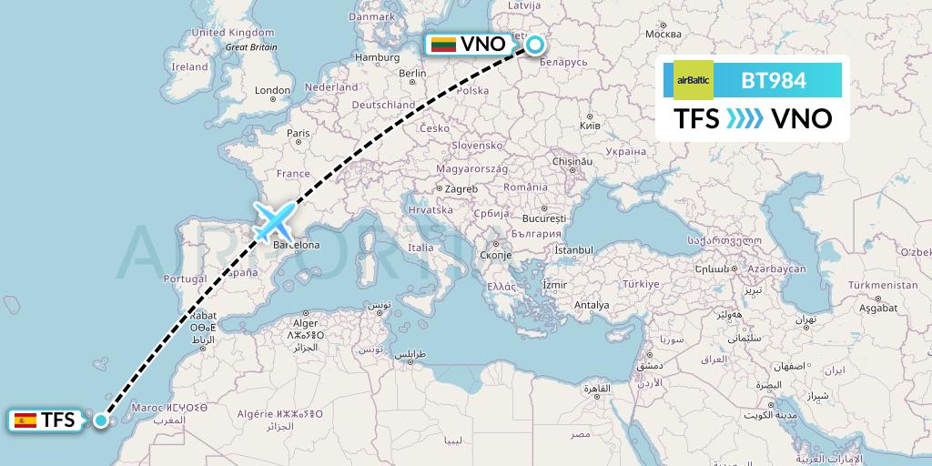 BT984 Air Baltic Flight Map: Tenerife to Vilnius