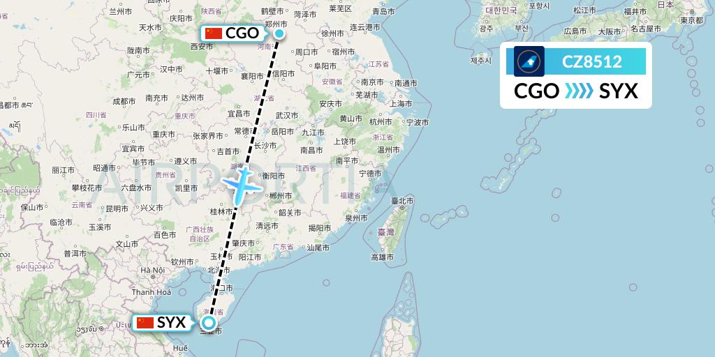 CZ8512 China Southern Airlines Flight Map: Zhengzhou to Sanya