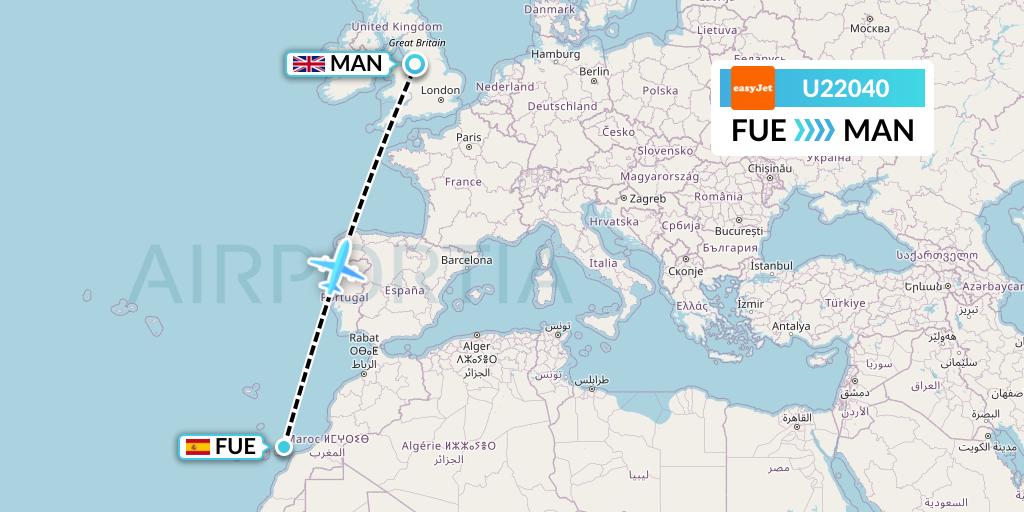 U22040 EasyJet Flight Map: Fuerteventura to Manchester
