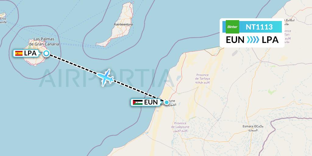 NT1113 Binter Canarias Flight Map: El Aaiun to Las Palmas
