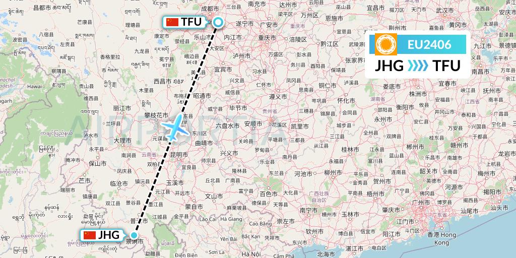 EU2406 Chengdu Airlines Flight Map: Jinghong to Chengdu