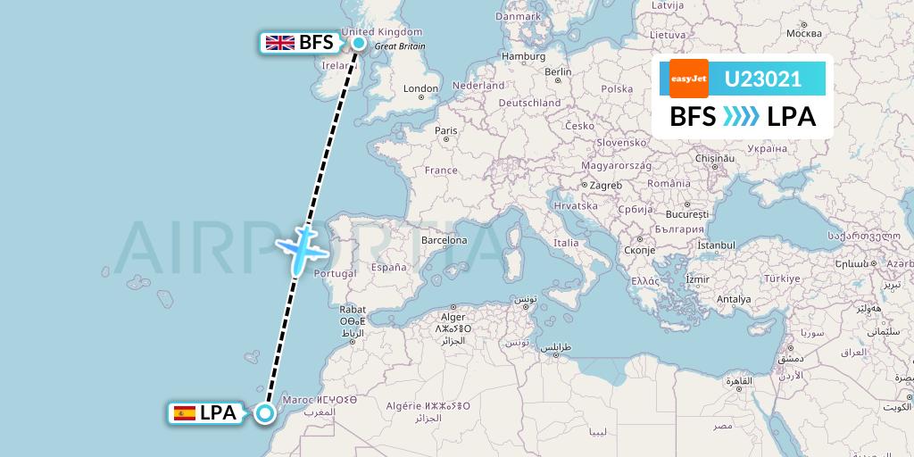 U23021 EasyJet Flight Map: Belfast to Las Palmas