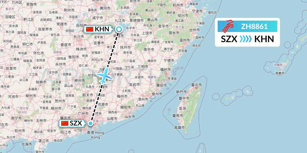 ZH8861 Shenzhen Airlines Flight Map: Shenzhen to Nanchang