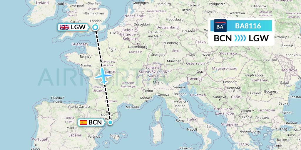 BA8116 British Airways Flight Map: Barcelona to London