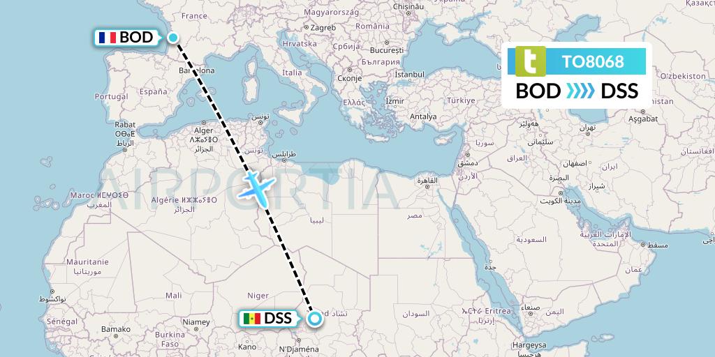 TO8068 Transavia France Flight Map: Bordeaux to Dakar
