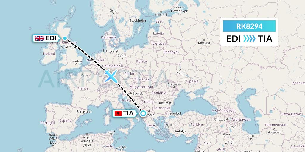 RK8294 Ryanair UK Flight Map: Edinburgh to Tirana