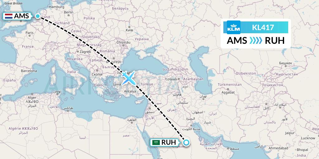 KL417 KLM Flight Map: Amsterdam to Riyadh