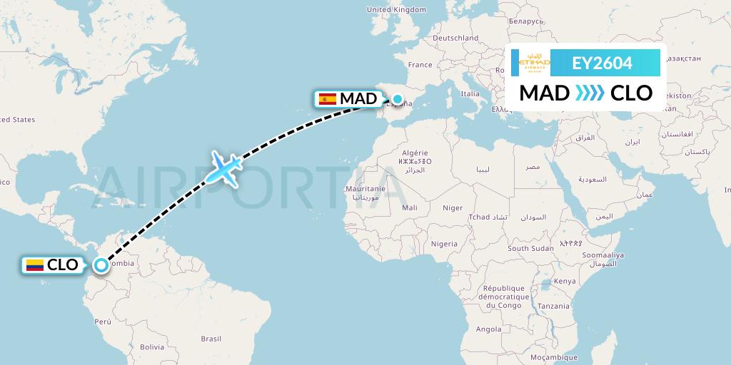 EY2604 Etihad Airways Flight Map: Madrid to Cali
