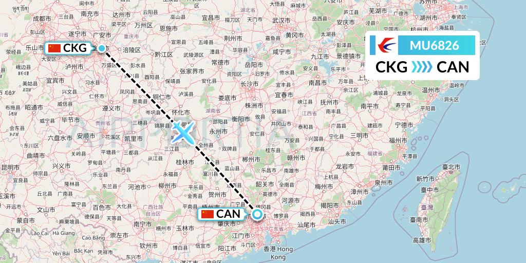 MU6826 China Eastern Airlines Flight Map: Chongqing to Guangzhou