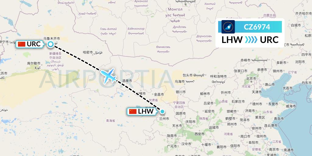 CZ6974 China Southern Airlines Flight Map: Lanzhou to Urumqi