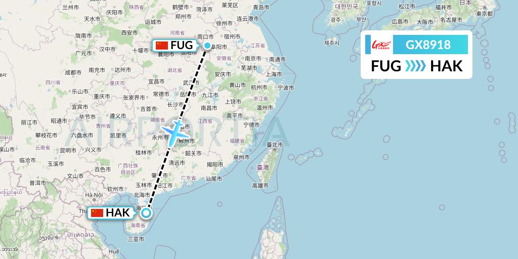 GX8918 GX Airlines Flight Map: Fuyang to Haikou