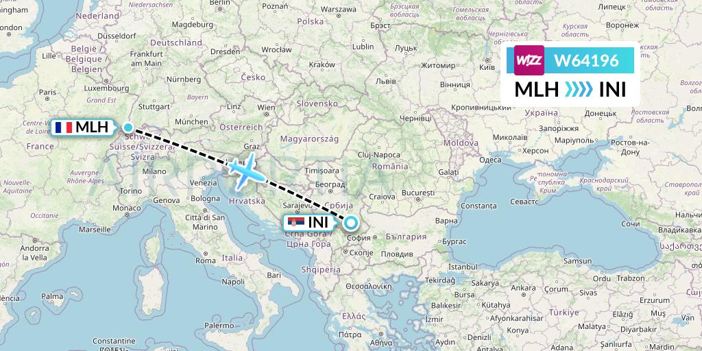 W64196 Wizz Air Flight Map: Basel Mulhouse Freiburg to Nis