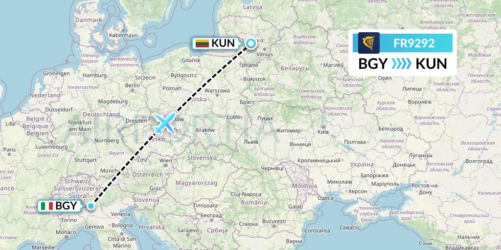 FR9292 Ryanair Flight Map: Milan to Kaunas