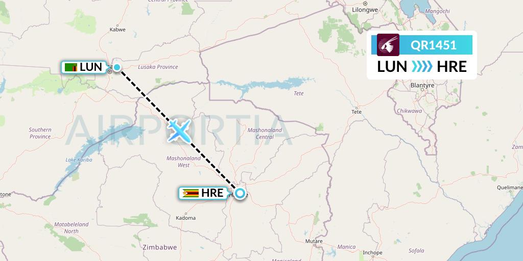 QR1451 Qatar Airways Flight Map: Lusaka to Harare