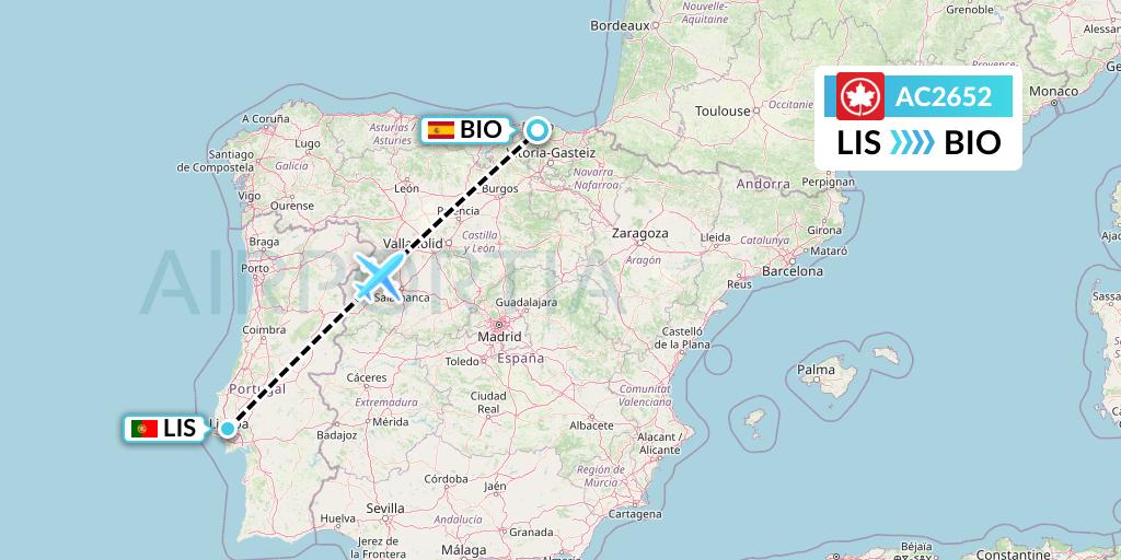AC2652 Air Canada Flight Map: Lisbon to Bilbao