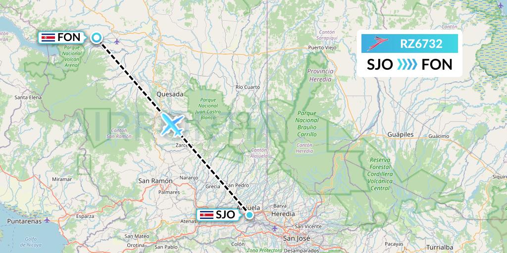 RZ6732 Sansa Airlines Flight Map: San Jose to La Fortuna-San Carlos