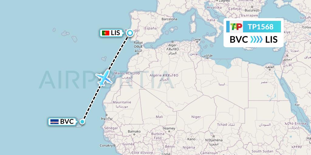 TP1568 TAP Portugal Flight Map: Boa Vista to Lisbon