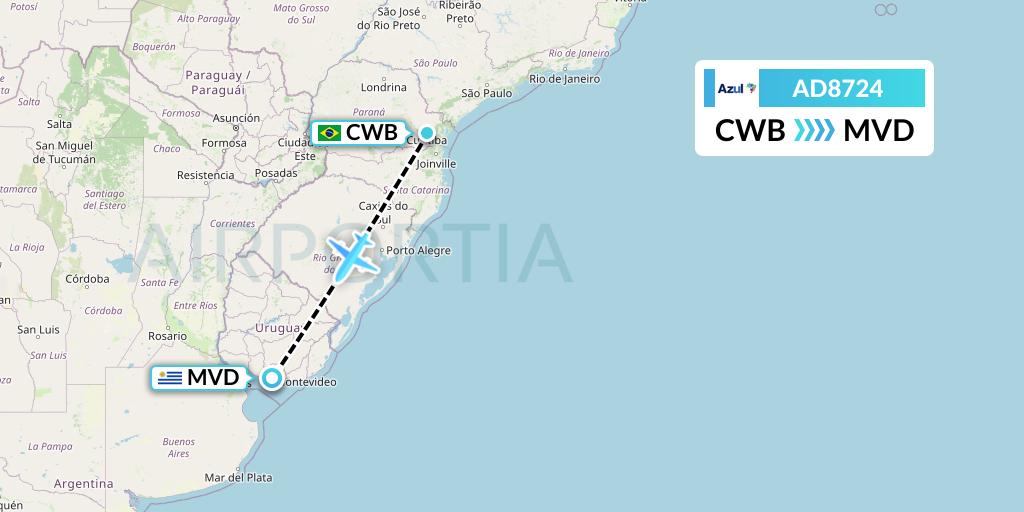 AD8724 Azul Brazilian Airlines Flight Map: Curitiba to Montevideo