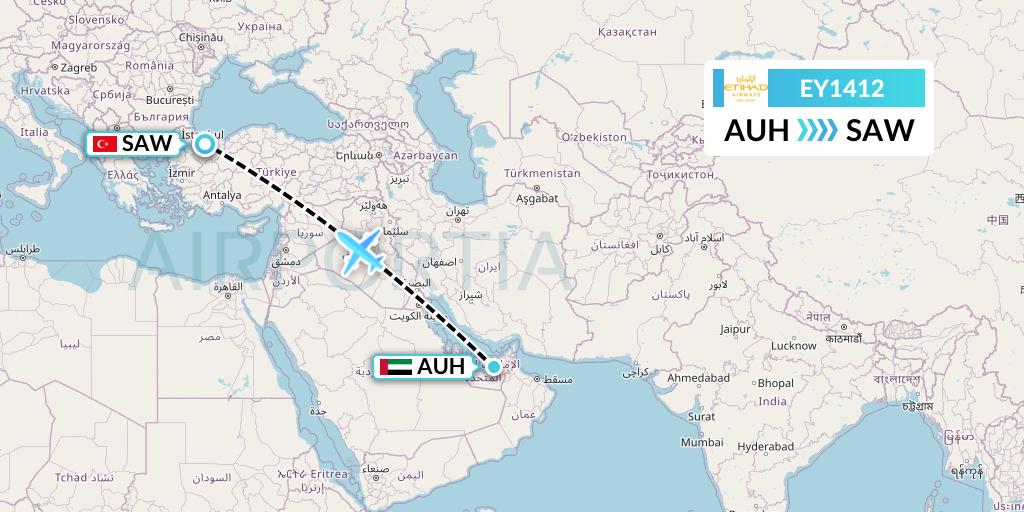 EY1412 Etihad Airways Flight Map: Abu Dhabi to Istanbul