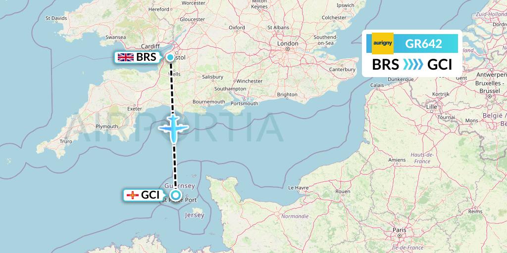 GR642 Aurigny Air Services Flight Map: Bristol to Guernsey