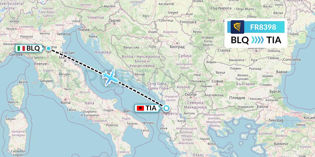FR8398 Ryanair Flight Map: Bologna to Tirana