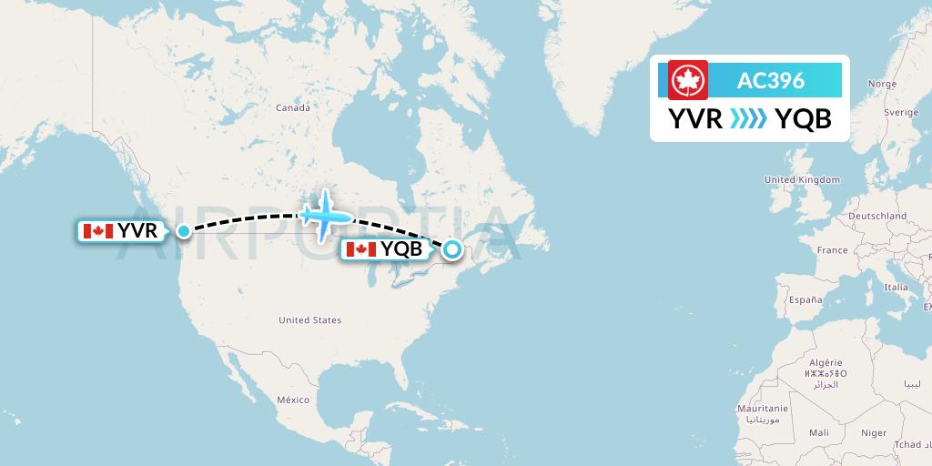 AC396 Air Canada Flight Map: Vancouver to Quebec