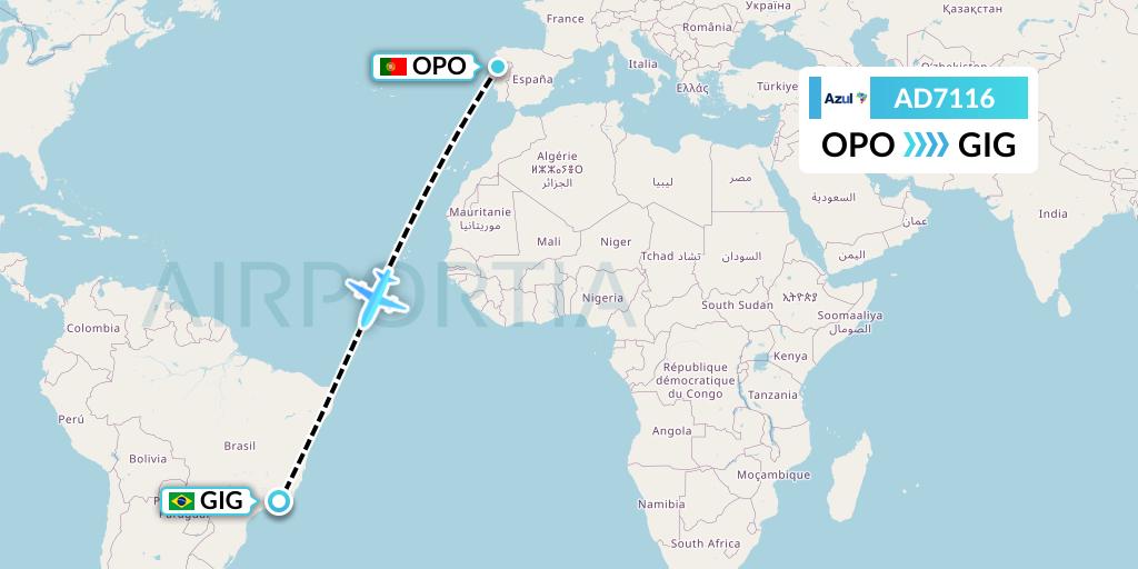 AD7116 Azul Brazilian Airlines Flight Map: Porto to Rio de Janeiro