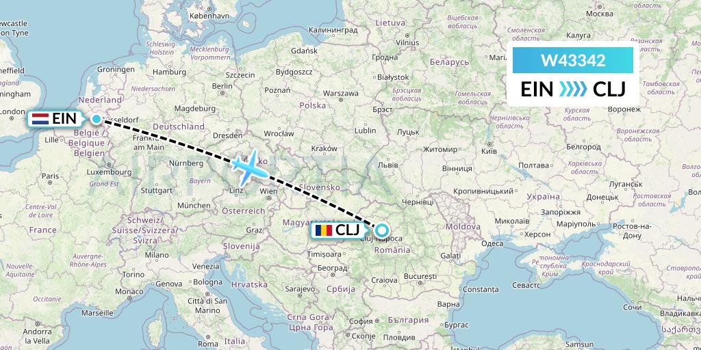 W43342 Wizz Air Malta Flight Map: Eindhoven to Cluj-Napoca
